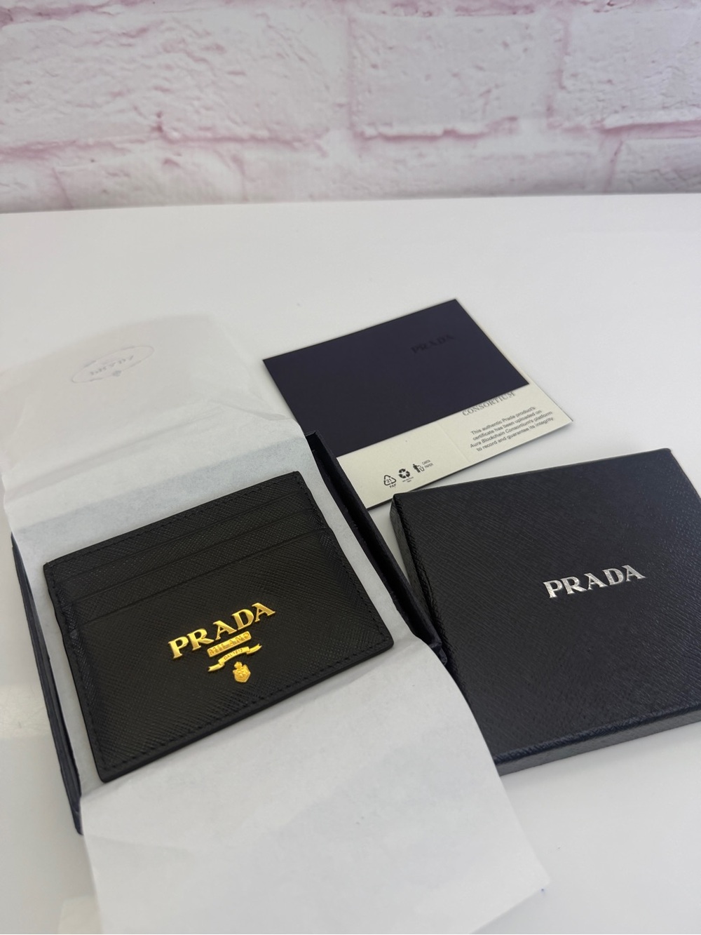 Prada Black Saffiano Leather Card Holder with Gold Logo Accent